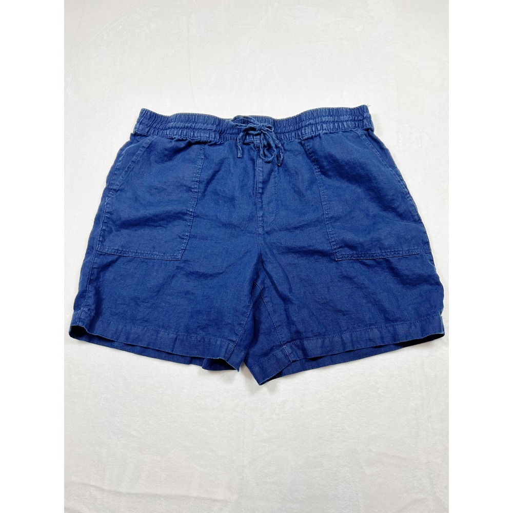 Lands End Womens Blue 100% Linen High Rise Drawstring Shorts Size L 14-16